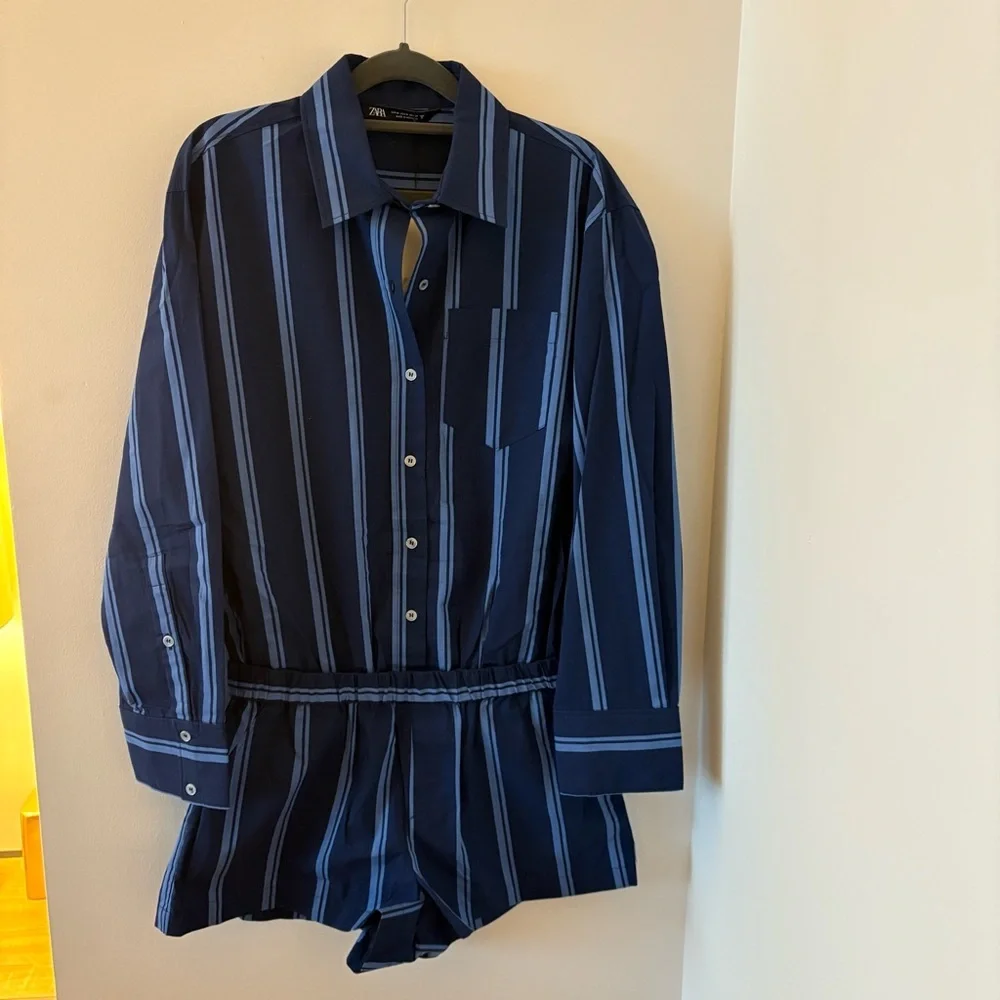 Zara Striped Poplin Jumpsuit Romper 100% Cotton In Blue Size M NWT